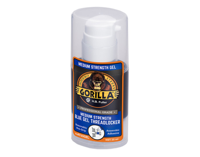 A detailed view of GorillaPro AT160 Medium Strength Blue high viscosity gel threadlocking compound from an angled view. (Product image)