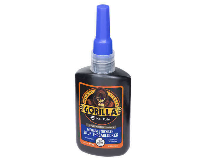 A detailed view of GorillaPro AT75 blue medium strength threadlocker from an angled view. (Product image)