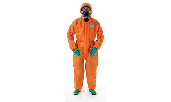 Picture of Ansell Microchem AlphaTec 68-5000 Orange 4XL Polyethylene Disposable Chemical-Resistant Coveralls (Main product image)