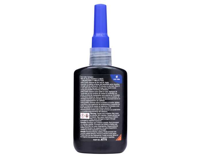A close view of the back of GorillaPro AT75 blue medium strength threadlocker's bottle with the label visible. (Product image)