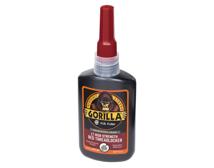 A detailed view of GorillaPro AT160 red long thread high strength threadlocker from an angled view. (Product image)