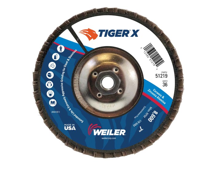 Weiler Tiger X Type 29 A/Z Alumina Zirconia AZ Angled Flap Disc - 36 Grit -  7 in Diameter - 5/8 in - 11 UNC Center Hole - 51219