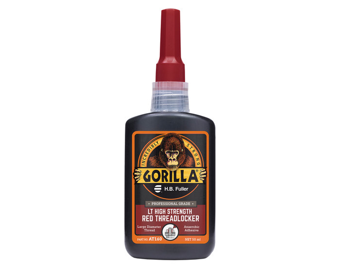 A front facing close up photo of GorillaPro AT160 red long thread high strength threadlocker as sold by R.S. Hughes. (Main product image)