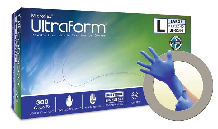 Picture of Microflex Ultraform UF-524 Blue Large Nitrile Powder Free Disposable Gloves (Main product image)