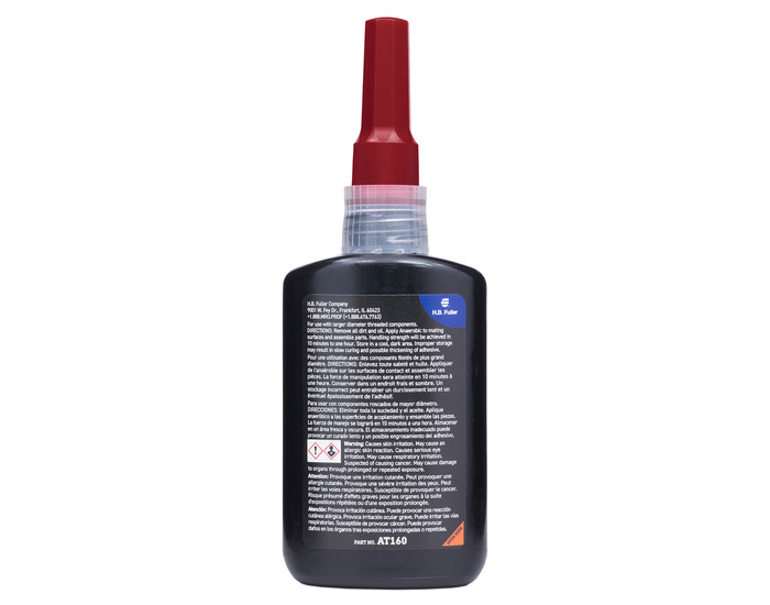 A close view of the back of GorillaPro AT160 red long thread high strength threadlocker's bottle with the label visible. (Product image)