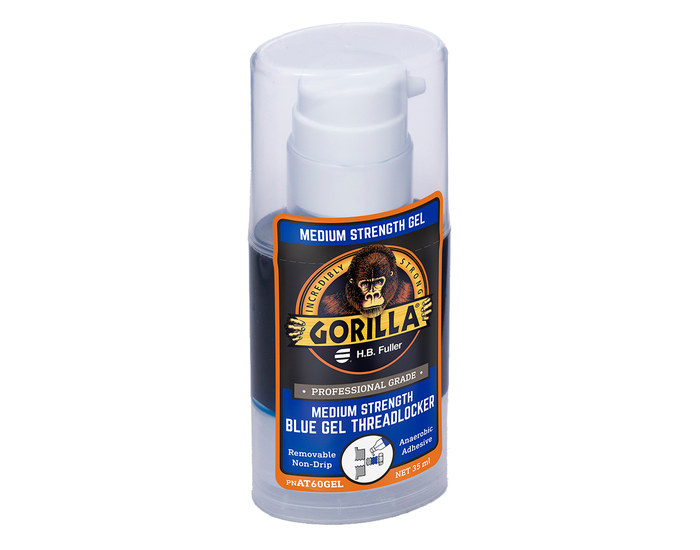 A close up view of GorillaPro AT160 Medium Strength Blue Gel Threadlocker from an alternate angle. (Product image)
