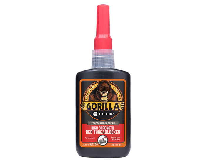 A front facing close up of GorillaPro AT150 red high strength threadlocker as sold by R.S. Hughes. (Main product image)