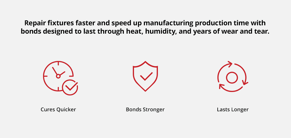 Repair fixtures faster and speed up manufacturing production time with bonds designed to last through heat, humidity, and years of wear and tear.