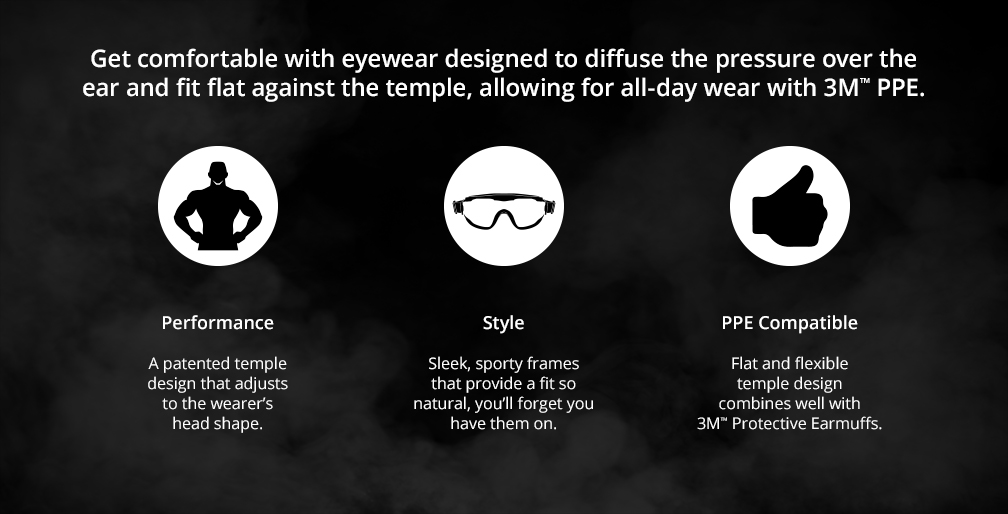 Get comfortable with eyewear designed to diffuse the pressure over the ear and fit flat against the temple, allowing for all-day wear with 3M PPE.