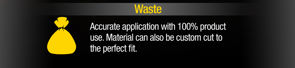 Waste - Accurate application with 100% product use. Material can also be custom cut to the perfect fit.