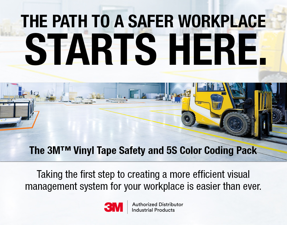 THE PATH TO A SAFER WORKPLACE STARTS HERE. The 3M™ Vinyl Tape Safety and 5S Color Coding Pack - Taking the first step to creating a more efficient visual management system for your workplace is easier than ever. 