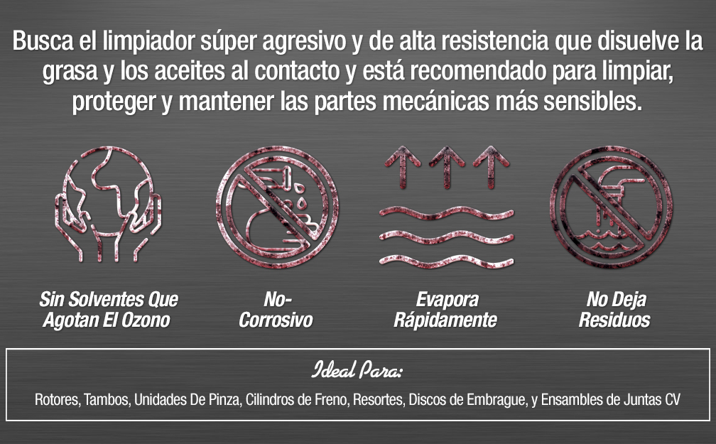 Busca el limpiador súper agresivo y de alta resistencia que disuelve la grasa y los aceites al contacto y está recomendado para limpiar, proteger y mantener las partes mecánicas más sensibles.