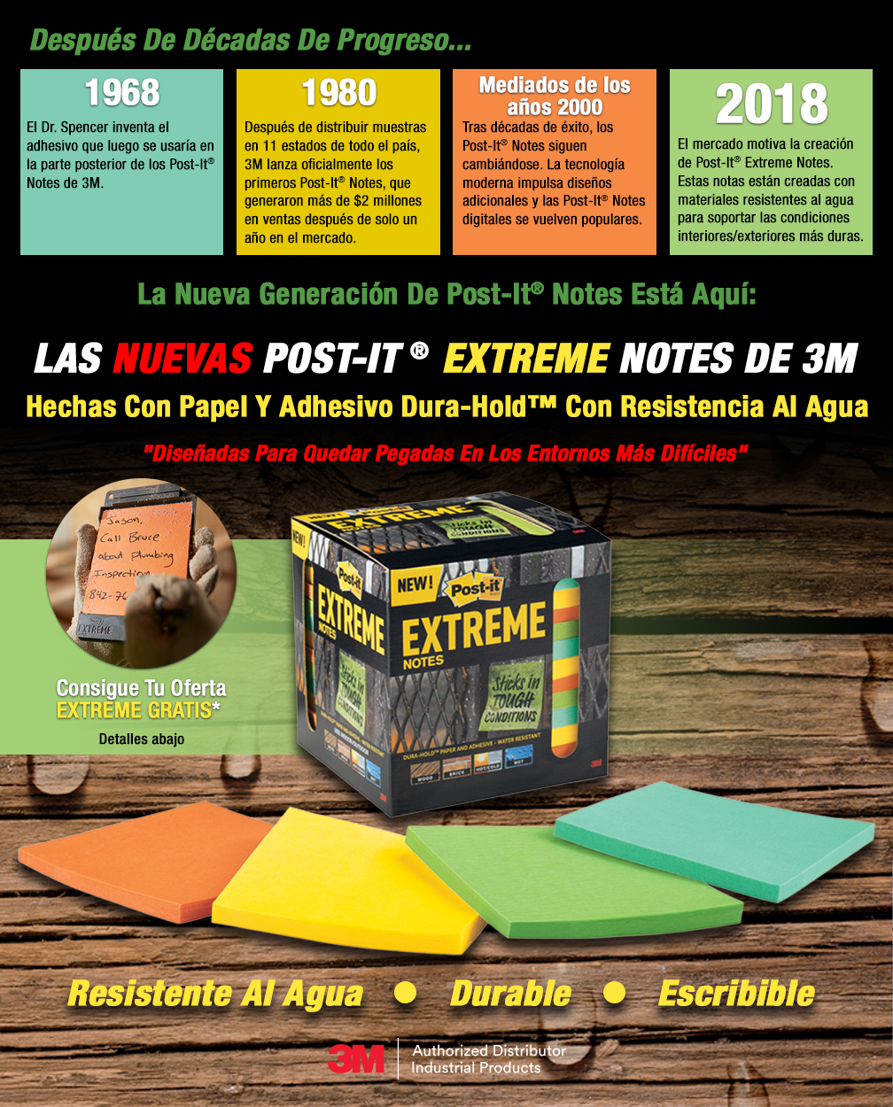 Después De Décadas De Progreso...La Nueva Generación De Post-It® Notes Está Aquí: Las NUEVAS Post-It® EXTREME Notes de 3M - Hechas Con Papel Y Adhesivo Dura-Hold™ Con Resistencia Al Agua 